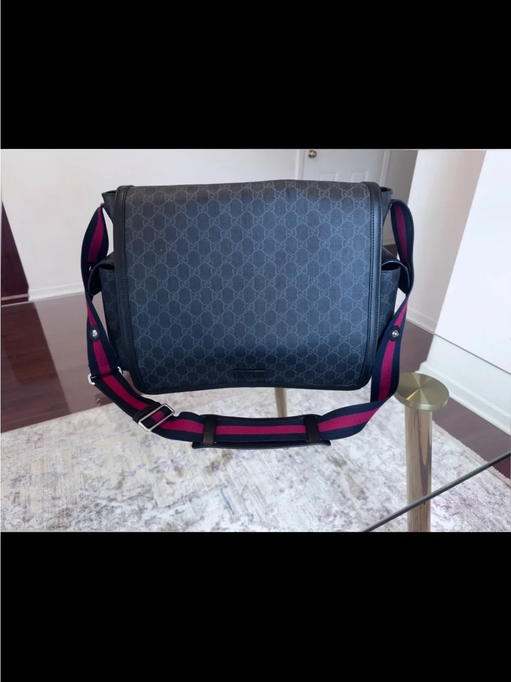 Gucci Black GG Supreme Diaper Bag with Red and Blue Web Strap